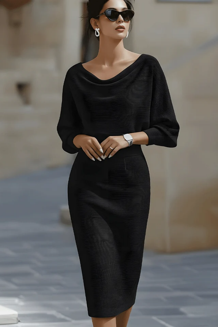 Cowl Neck Batwing Sleeve Knit Bodycon Midi Dress