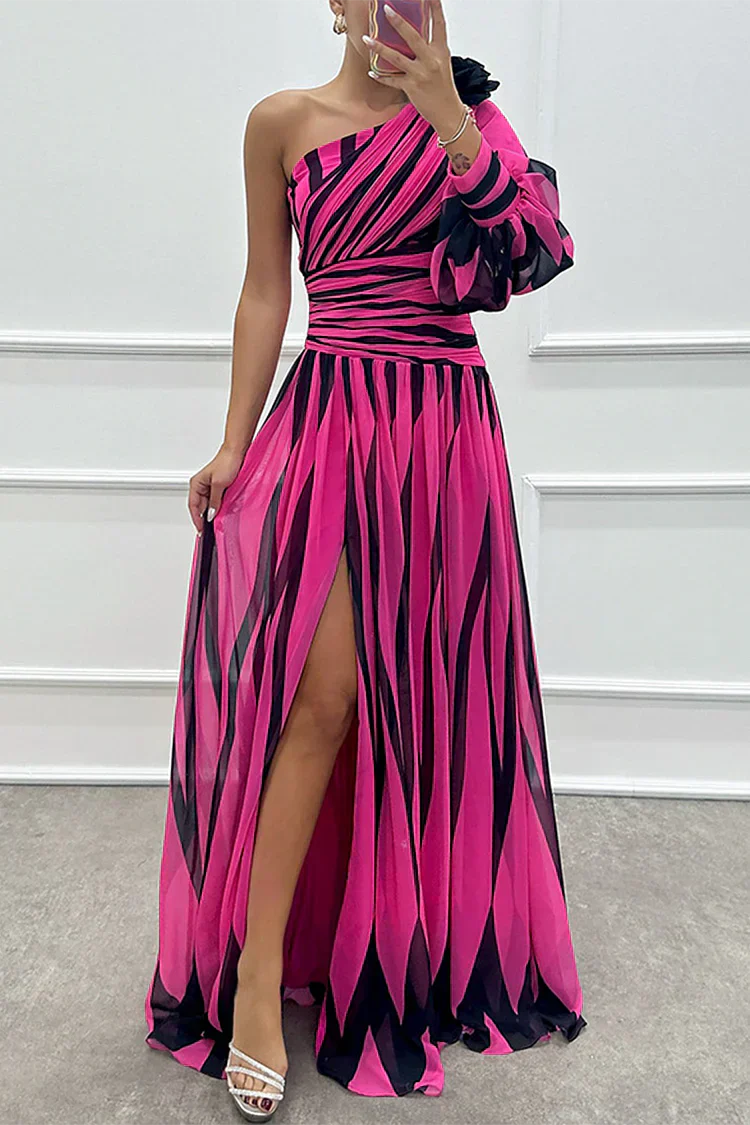 Shiloh - Elegant Striped One Shoulder Maxi Dress Rose Red