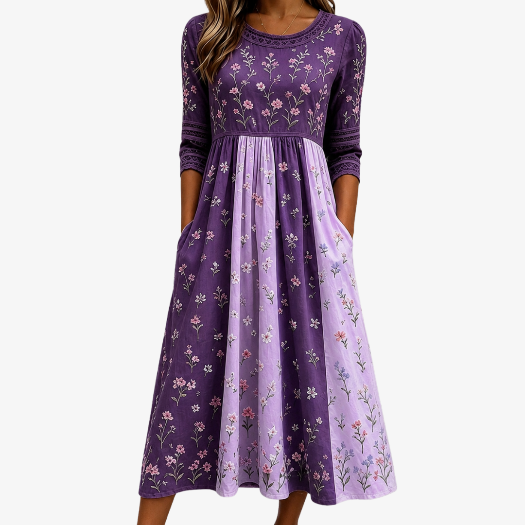 Floral Print Round Neck Lace Trim Pocket Midi Dress