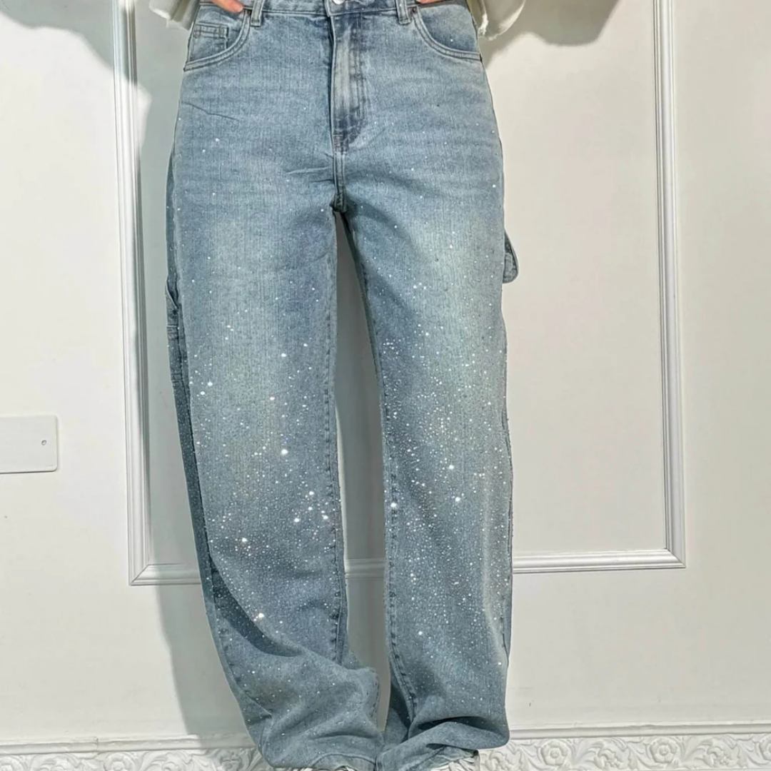 Star Rhinestone High Waist Wide Leg Jeans