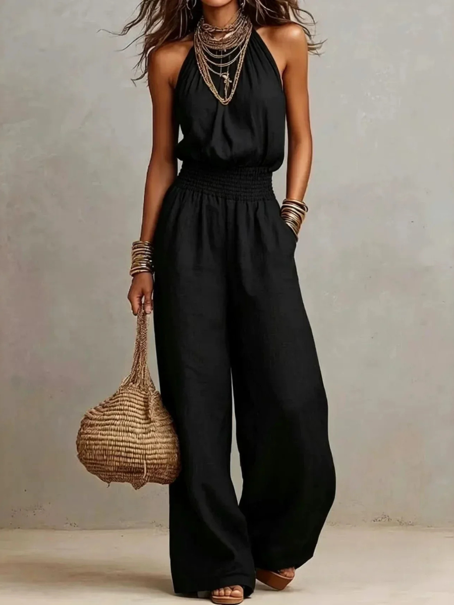 Halter Neck Smocked Waist Wide Leg Jumpsuit 3