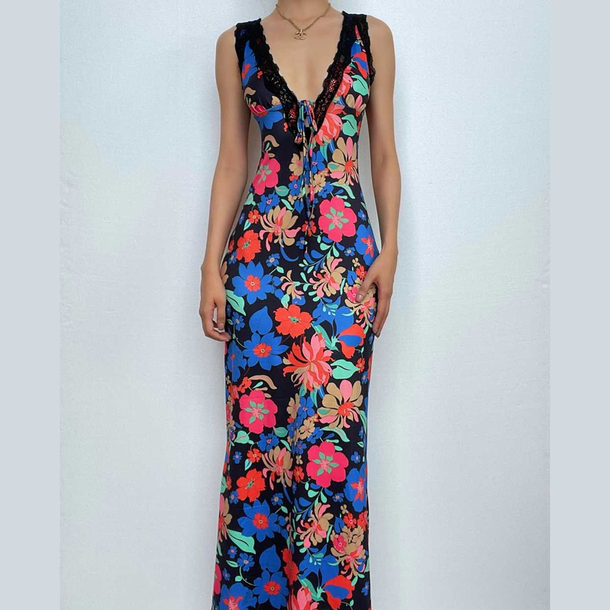Floral Print Lace Trim Deep V-Neck Tie Front Sleeveless Maxi Dress