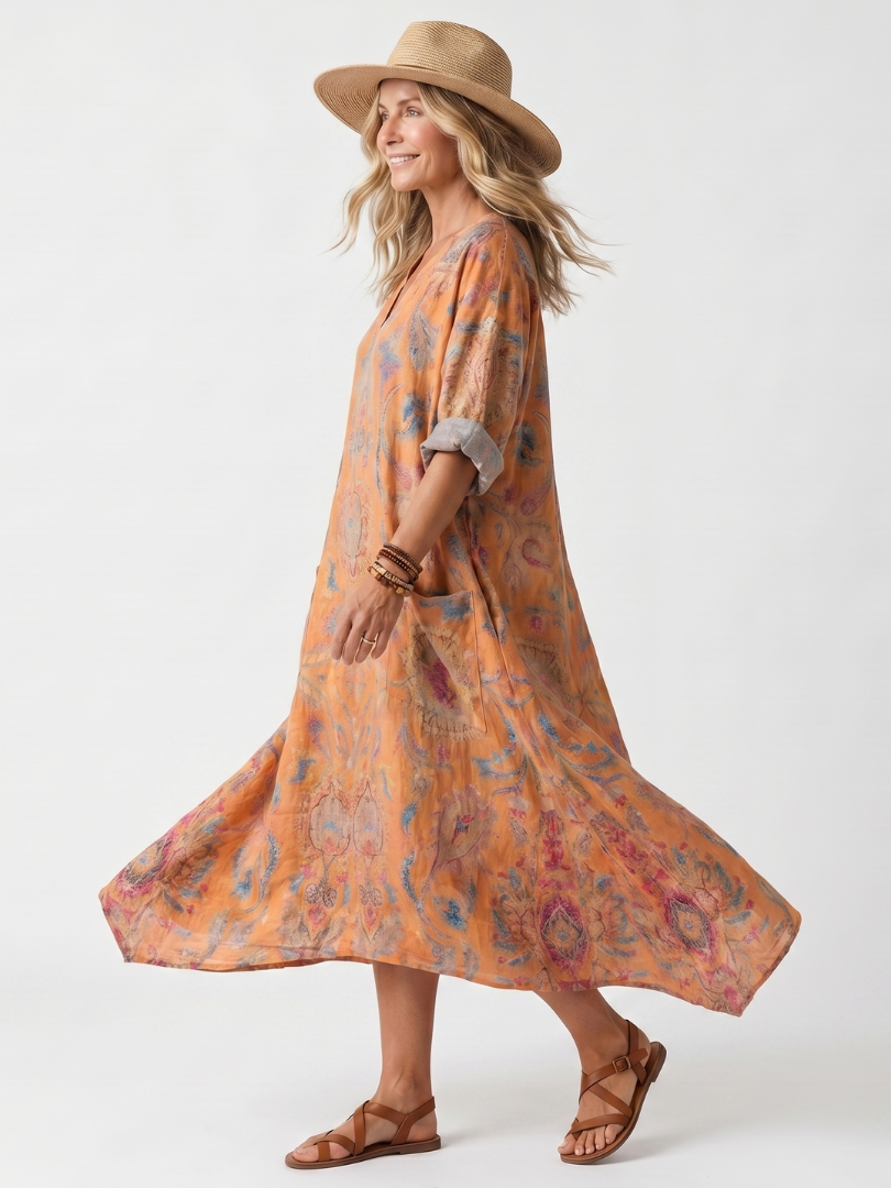 Paisley Print Notch Neck Oversized Pocket Maxi Dress