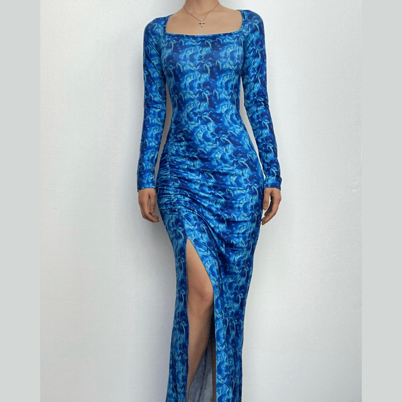 Abstract Print Square Neck Long Sleeve Ruched High Split Maxi Dress