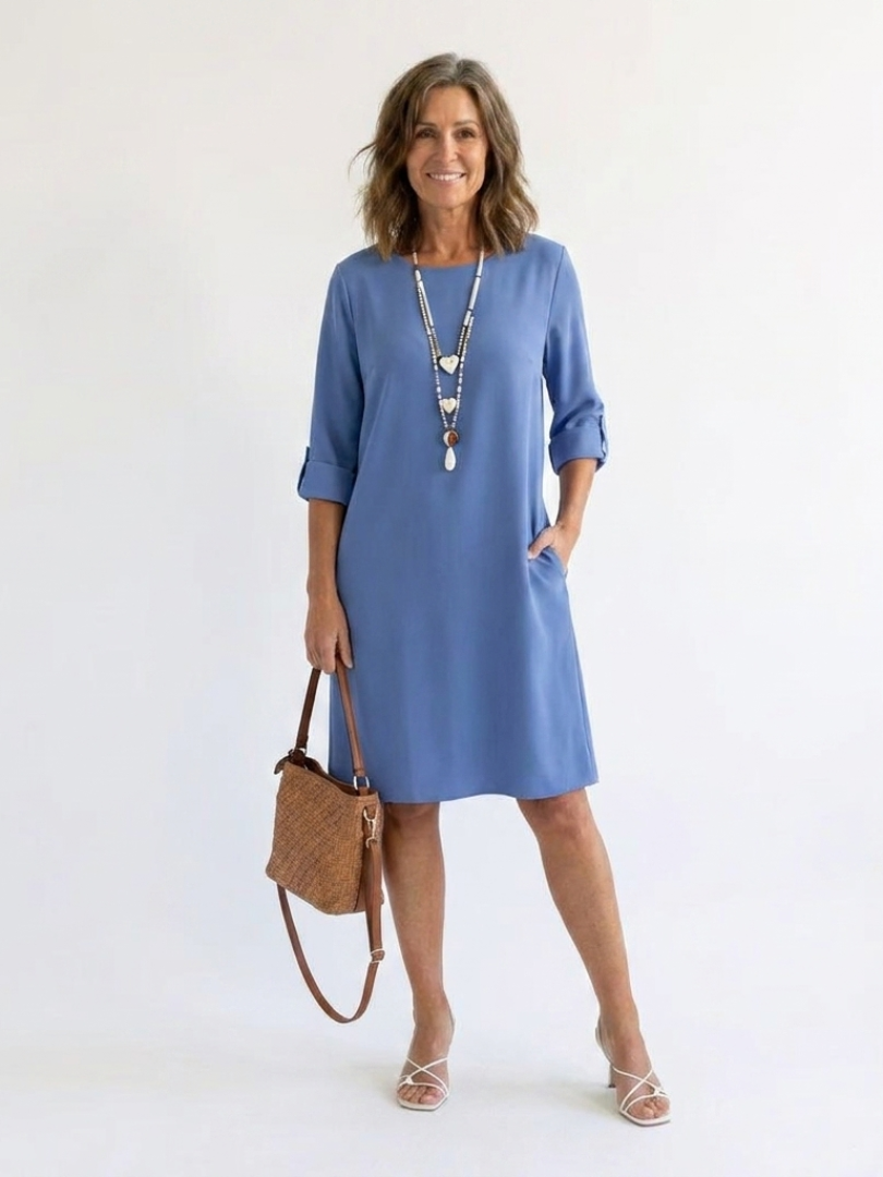 Round Neck Roll Tab Sleeve Shift Dress