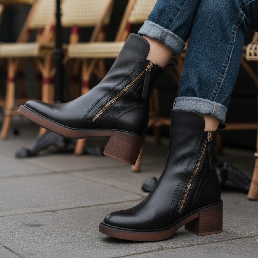 Round Toe Front Zip Block Heel Ankle Boots