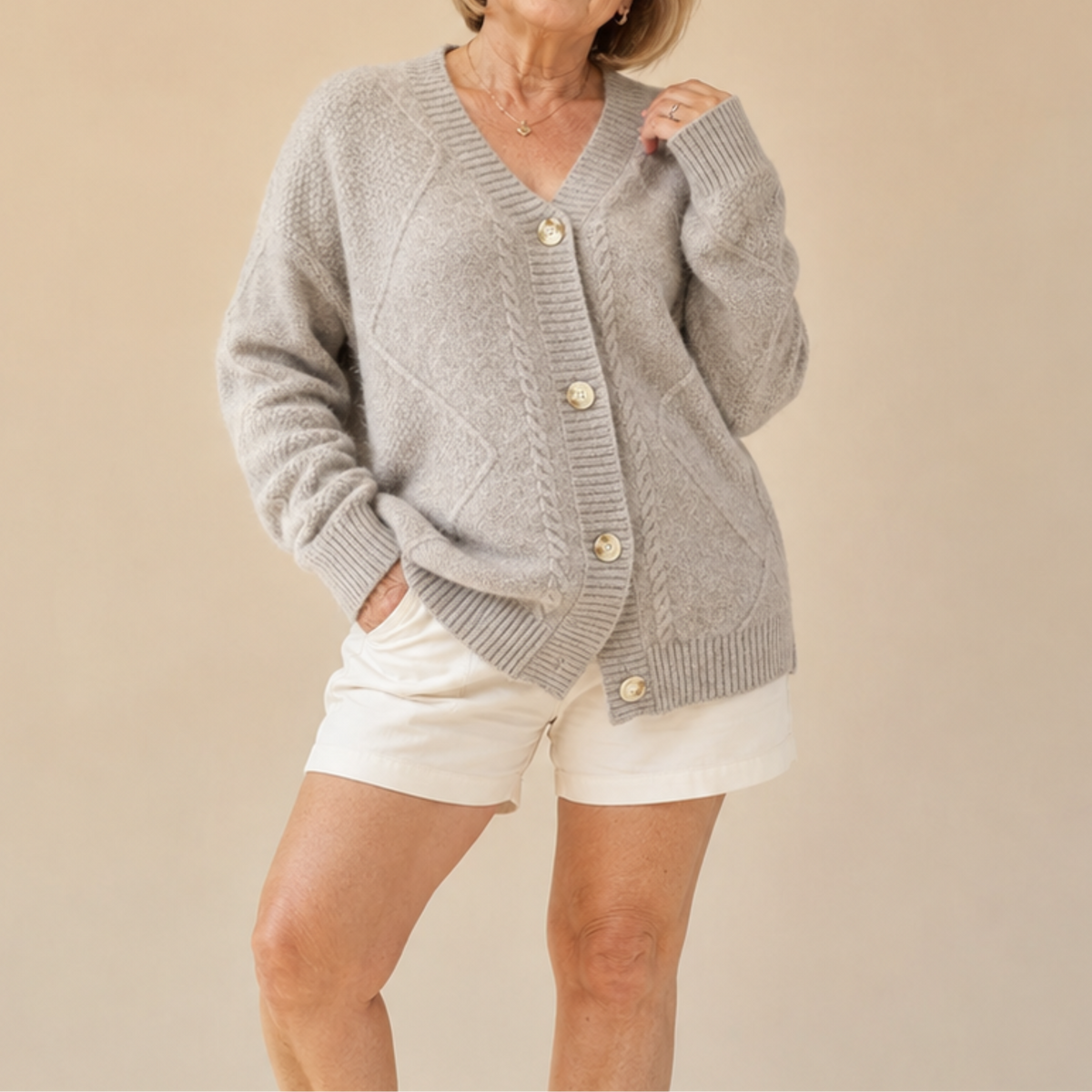 V-Neck Button Front Cable Knit Cardigan