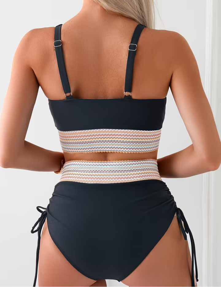 Triangle Top Ruched Chevron Trim High Waist Bikini Set