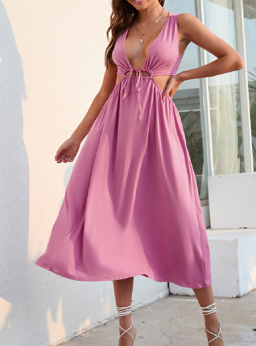 Deep V-Neck Sleeveless Tie Front Cut Out Waist Midi Dress 3