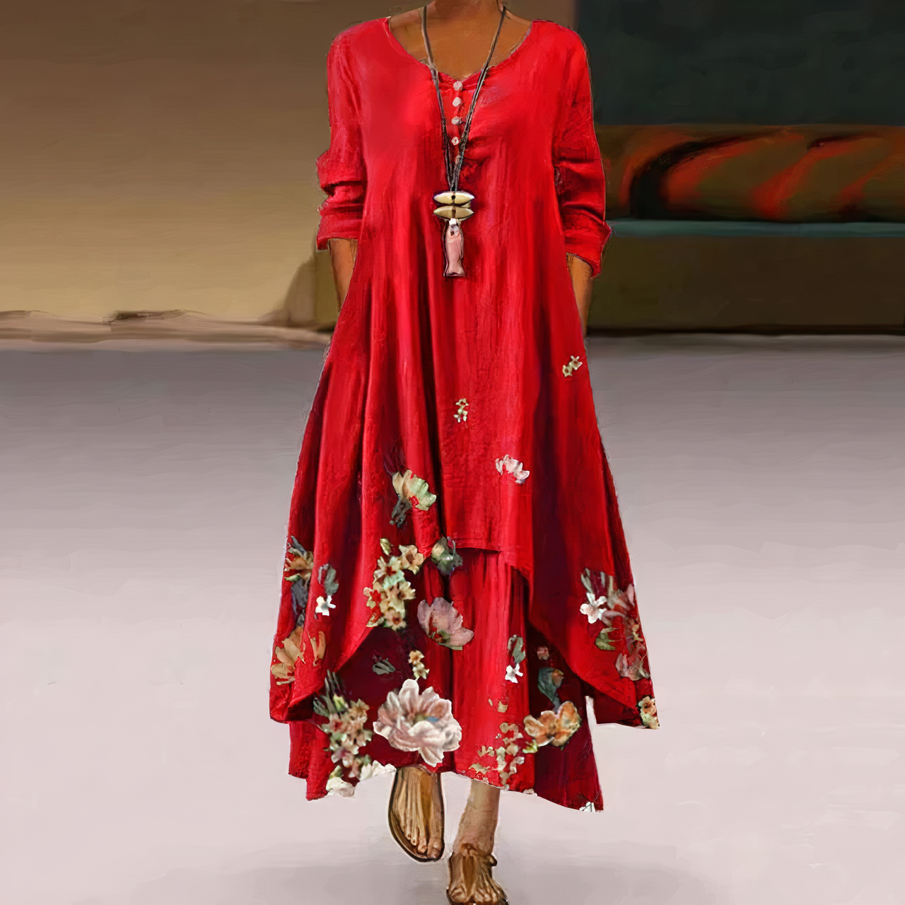 Floral Round Neck Long Sleeve High Low Maxi Dress 3
