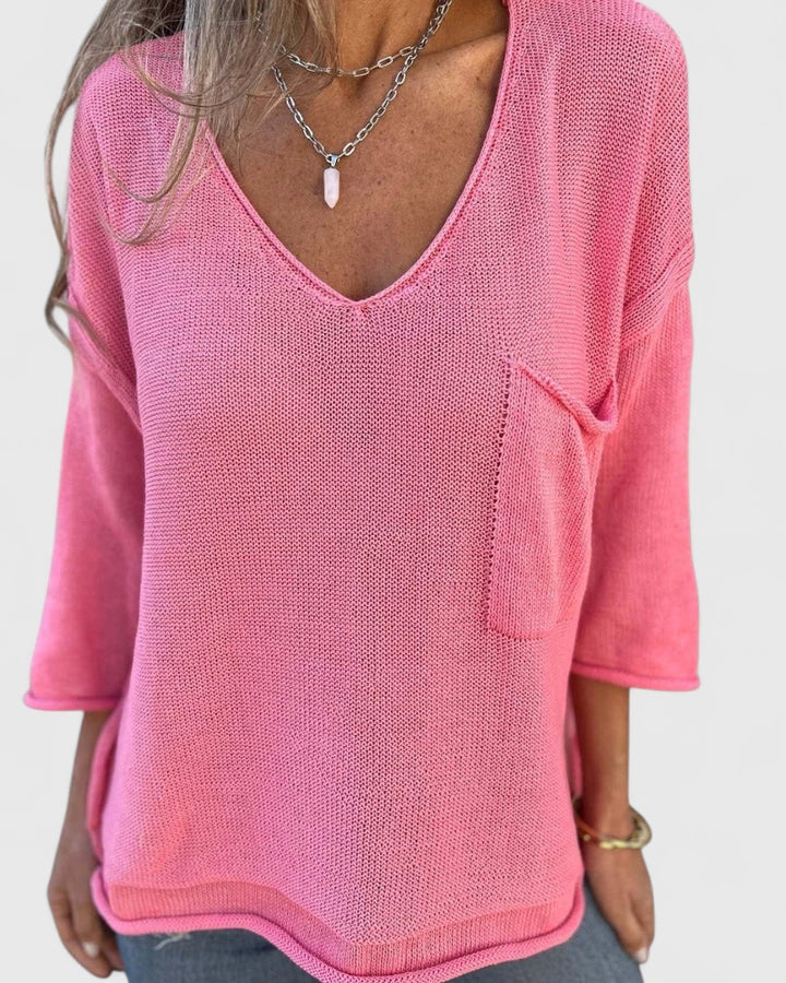 V-Neck Long Sleeve Pocket Loose Knit Sweater