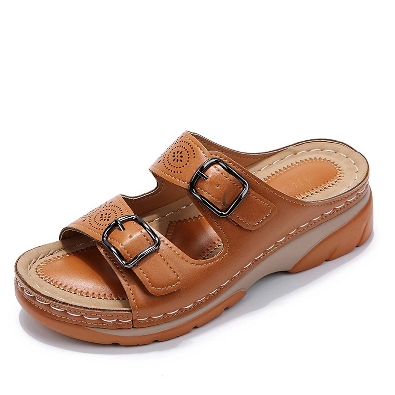 Open Toe Cutout Double Buckle Wedge Slide Sandals