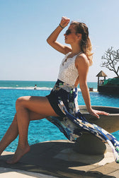 Lace Embroidered Backless Print Dress - View 4