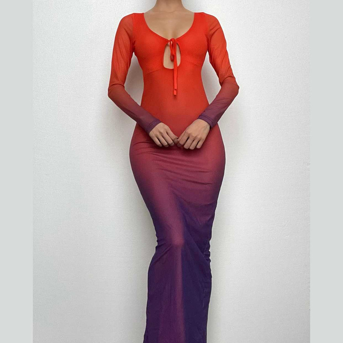 Ombre Sheer Mesh Long Sleeve Tie Front Keyhole Bodycon Maxi Dress
