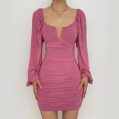 Mesh solid long sleeve ruched notch neck zip-up mini dress 2