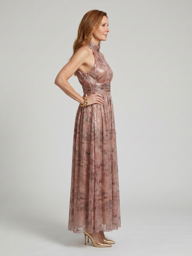 Metallic Shimmer Halter Neck Gathered Waist Maxi Dress