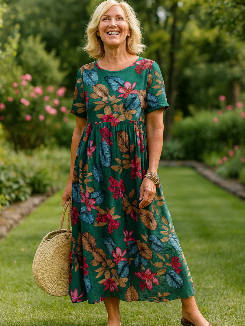 Tropical Floral Round Neck Short Sleeve Maxi Dress
