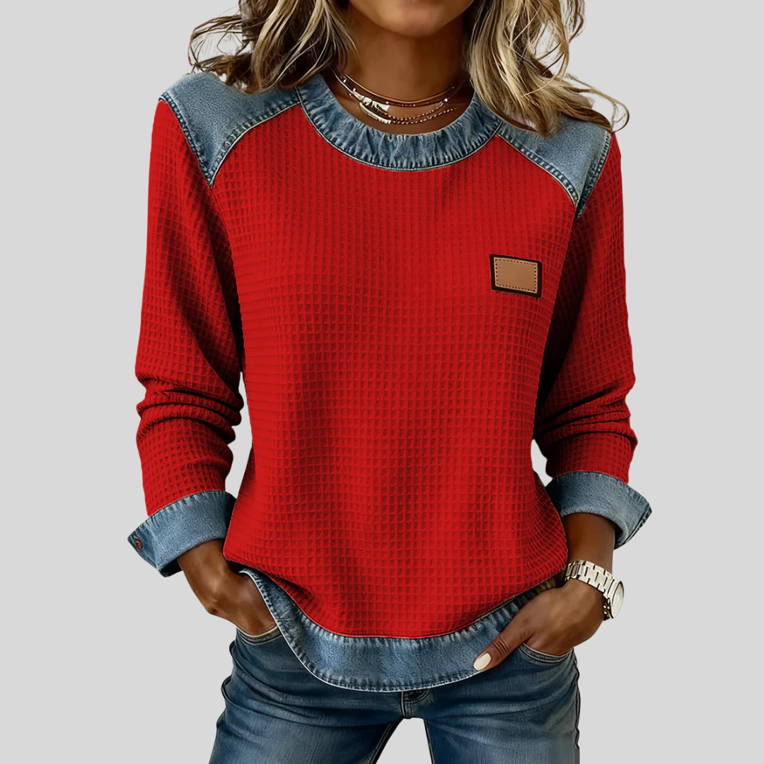 Denim Contrast Patchwork Crew Neck Waffle Knit Sweatshirt