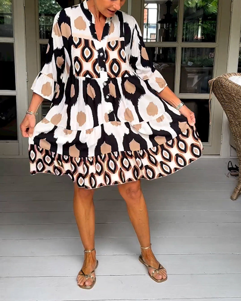 Abstract Print Button Front Flared Sleeve Tiered Midi Dress
