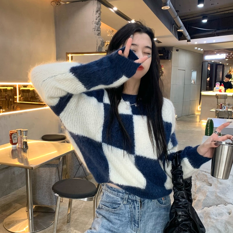Blue Plaid O-Neck Knitted Sweater