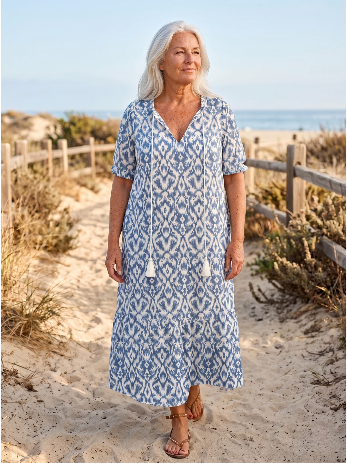 Ikat Print Tassel Tie Short Sleeve Tiered Maxi Dress