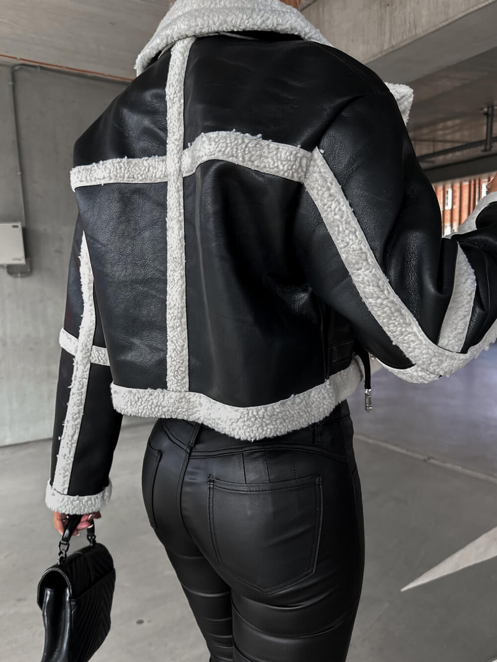 Faux Leather Fleece Trim Belted Cropped Aviator Jacket