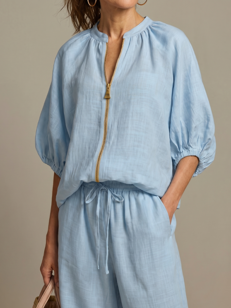 Puff Sleeve Zip Front Top and Wide Leg Pants Two Piece Set