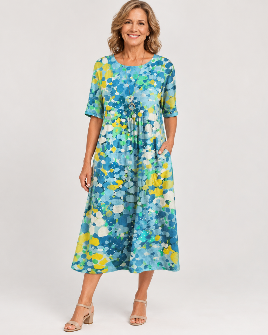 Floral Dot Print Round Neck Short Sleeve Midi Dress