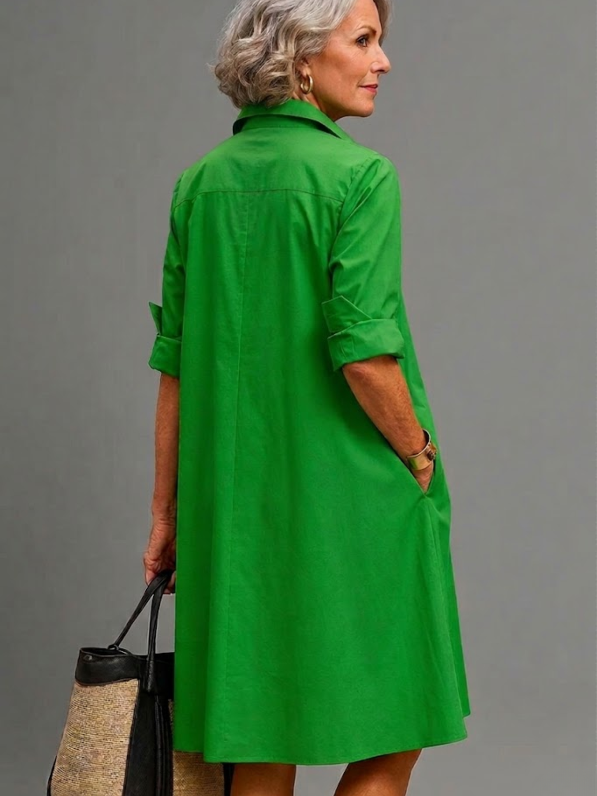 Collared Roll Sleeve A-Line Midi Shirt Dress
