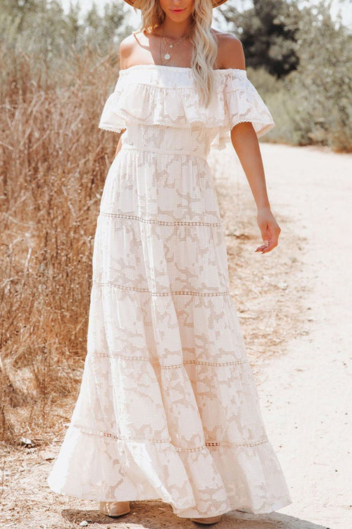 Lace Off Shoulder Ruffle Overlay Tiered Maxi Summer Dress