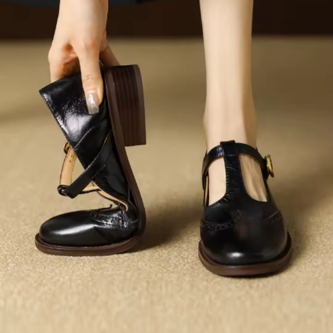 Round Toe T-Strap Buckle Block Heel Mary Jane Pumps