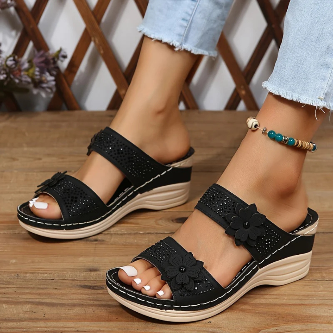 Open Toe Floral Cutout Slip On Wedge Sandals