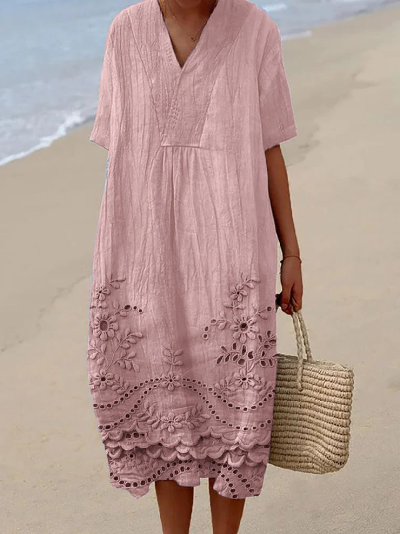 Eyelet Embroidered V-Neck Short Sleeve Midi Dress