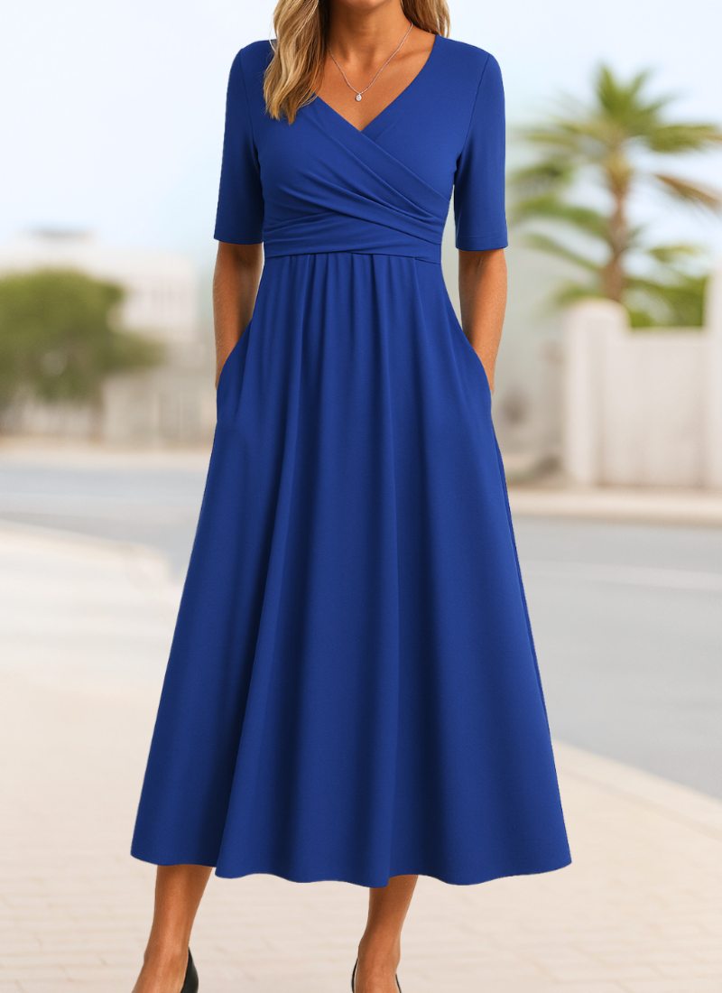 Faux Wrap V-Neck Short Sleeve A-Line Midi Dress