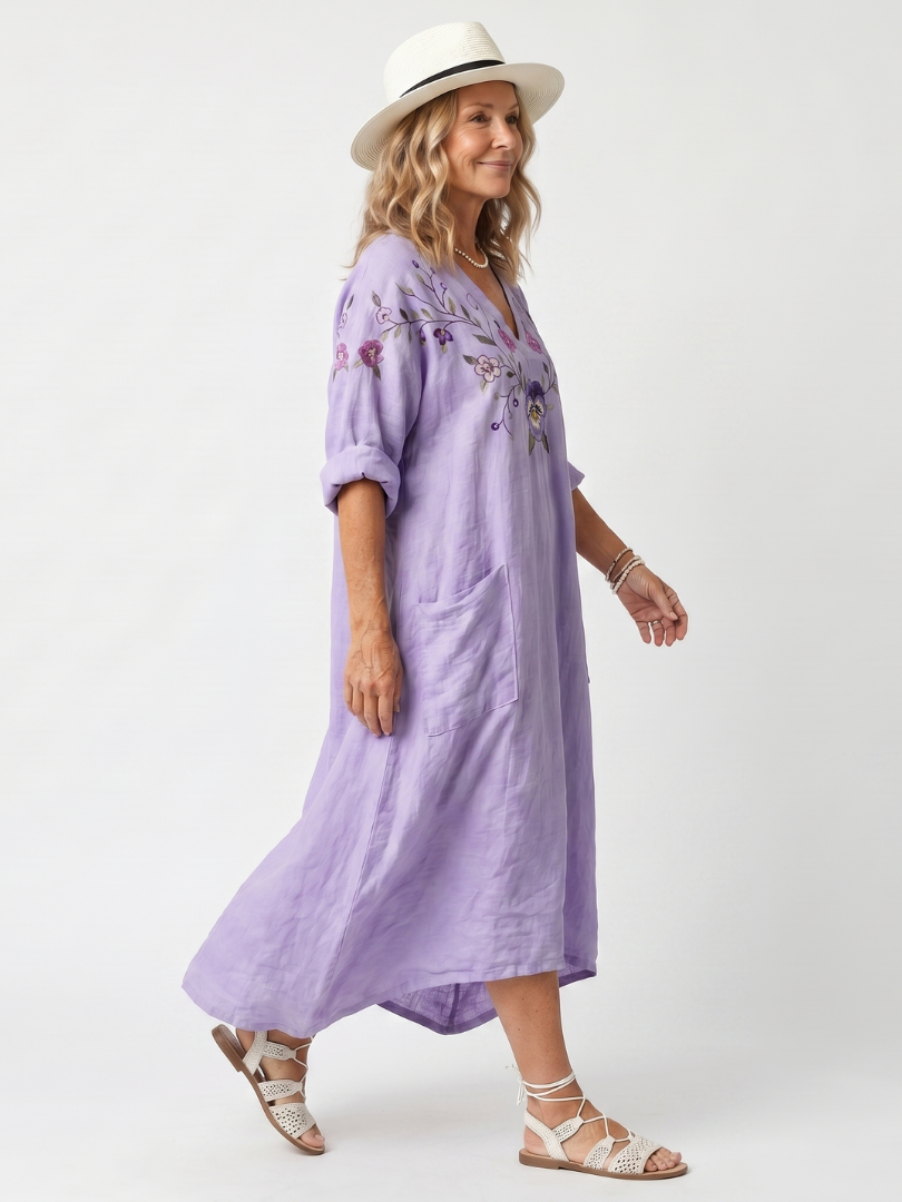 Floral Embroidered V-Neck Rolled Sleeve Pocket Midi Dress