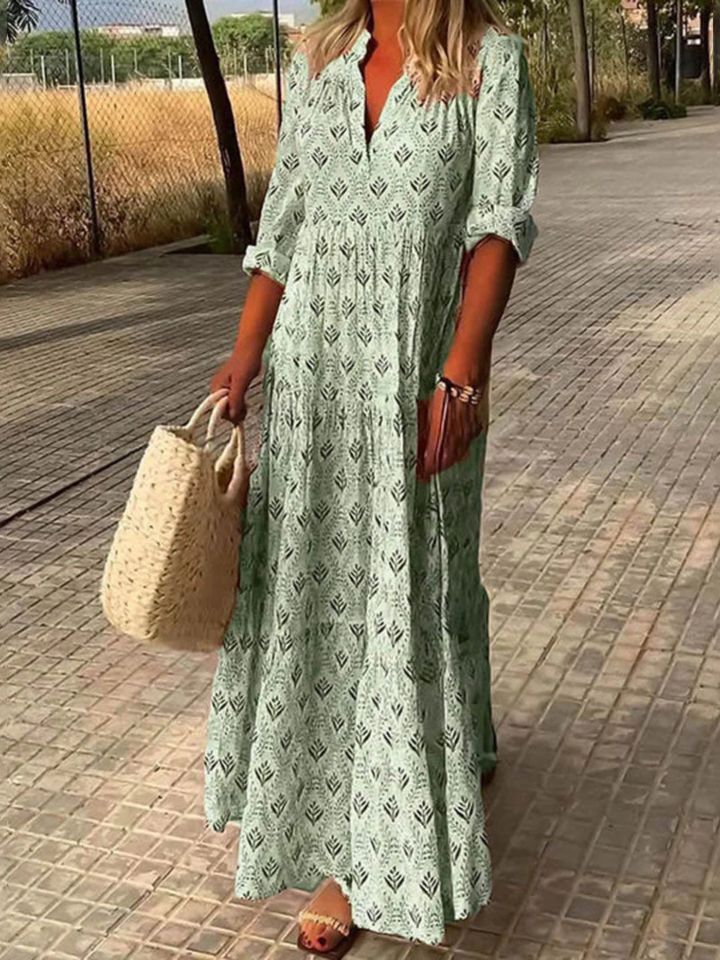 Split Neck Long Sleeve Tiered Maxi Dress 3