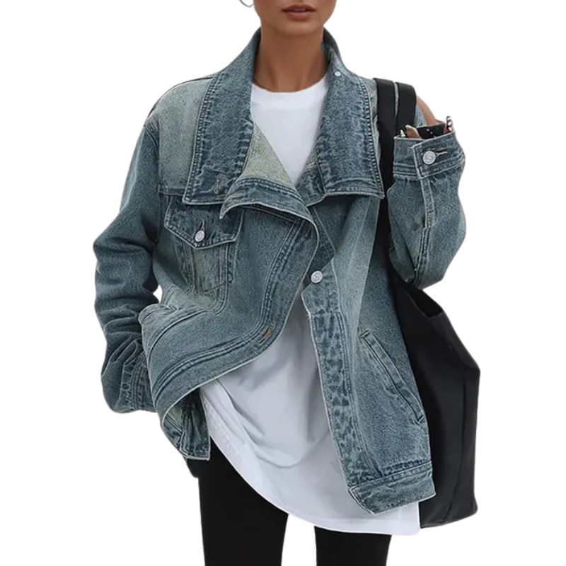 Oversized Stand Collar Button Front Denim Jacket