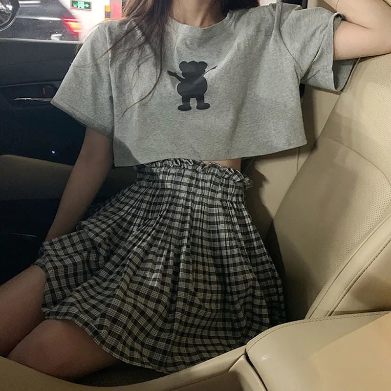 Ruffles Elastic Waist Plaid Pleated Mini Skirt