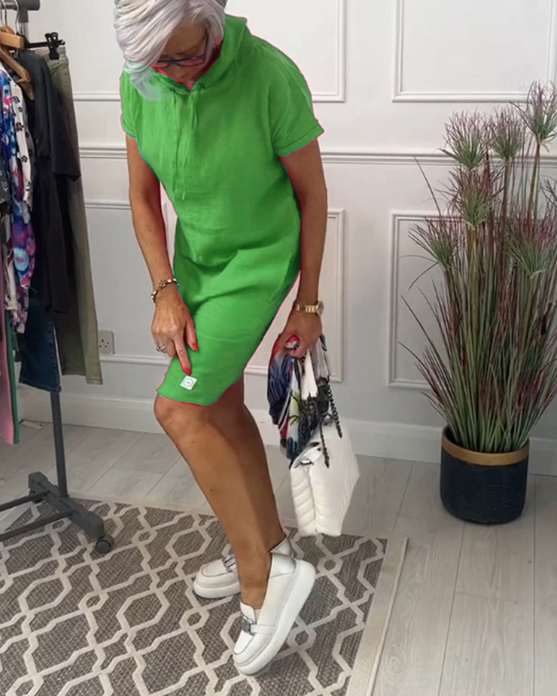 Hooded Drawstring Short Sleeve Knee Length Shift Dress