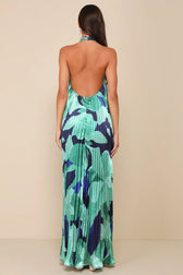Halter Neck Cut Out Pleated Satin Maxi Dress 3