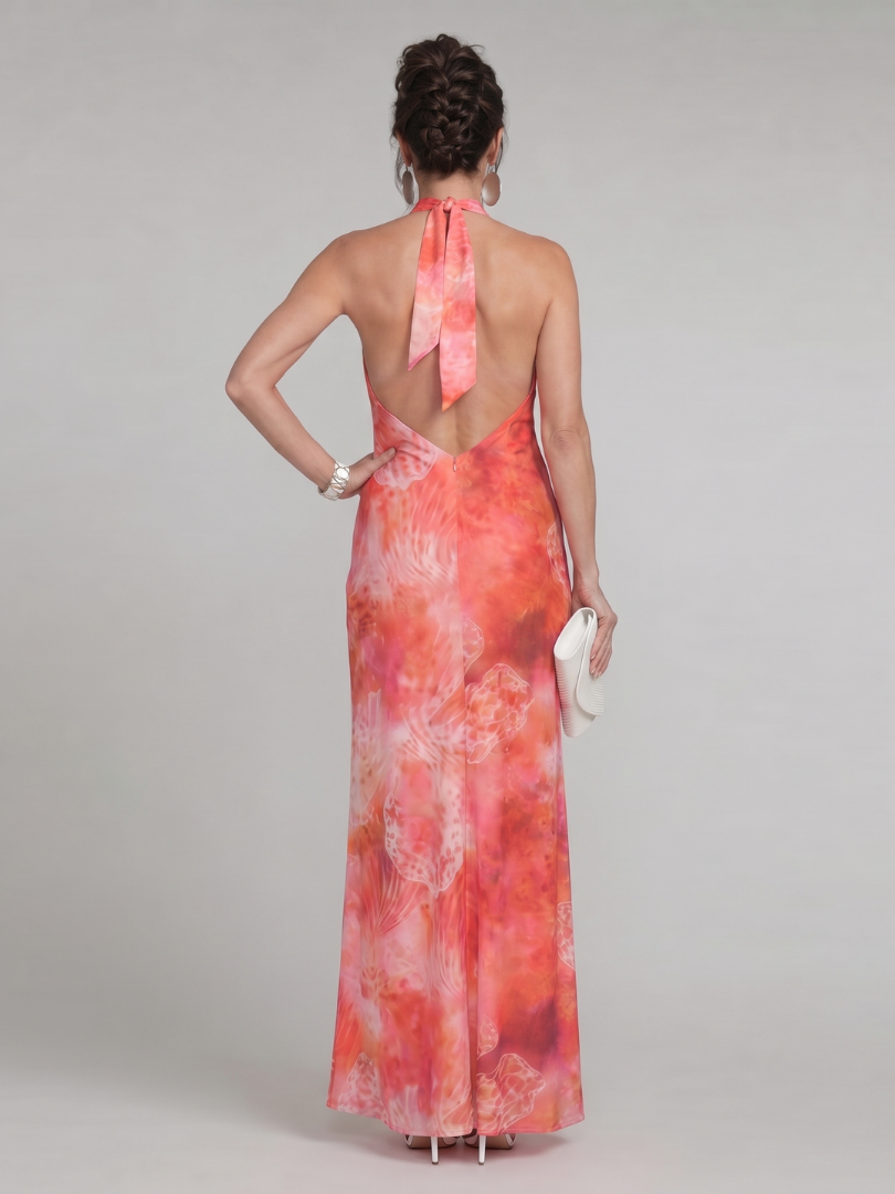 Abstract Print Halter Neck Sleeveless Maxi Dress