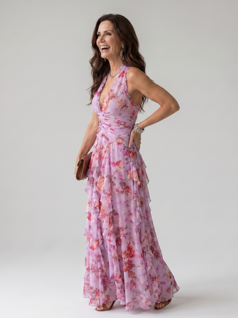 Halter Neck Deep V-Neck Ruffle Floral Maxi Dress
