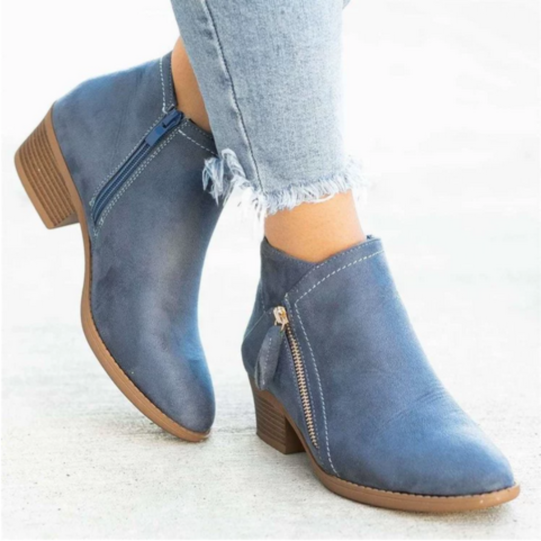 Pointed Toe Side Zip Block Heel Ankle Boots
