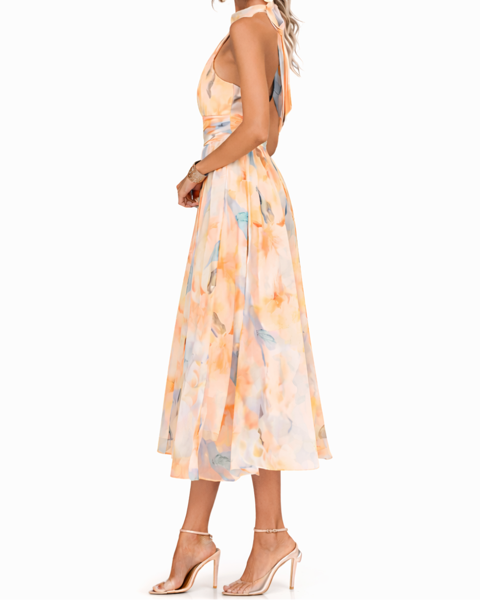 Floral Print Halter Neck Fit and Flare Maxi Dress