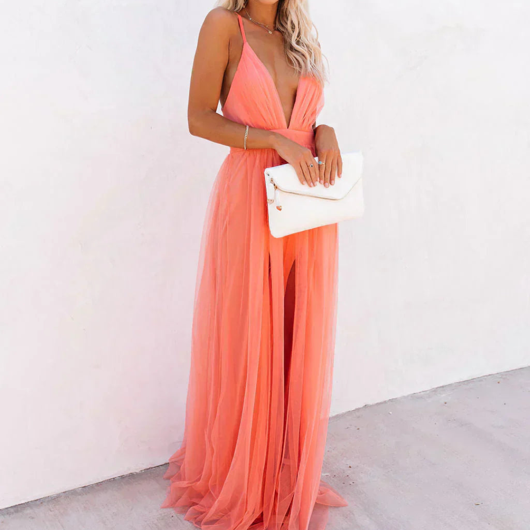 Deep V-Neck Spaghetti Strap Tulle Maxi Gown