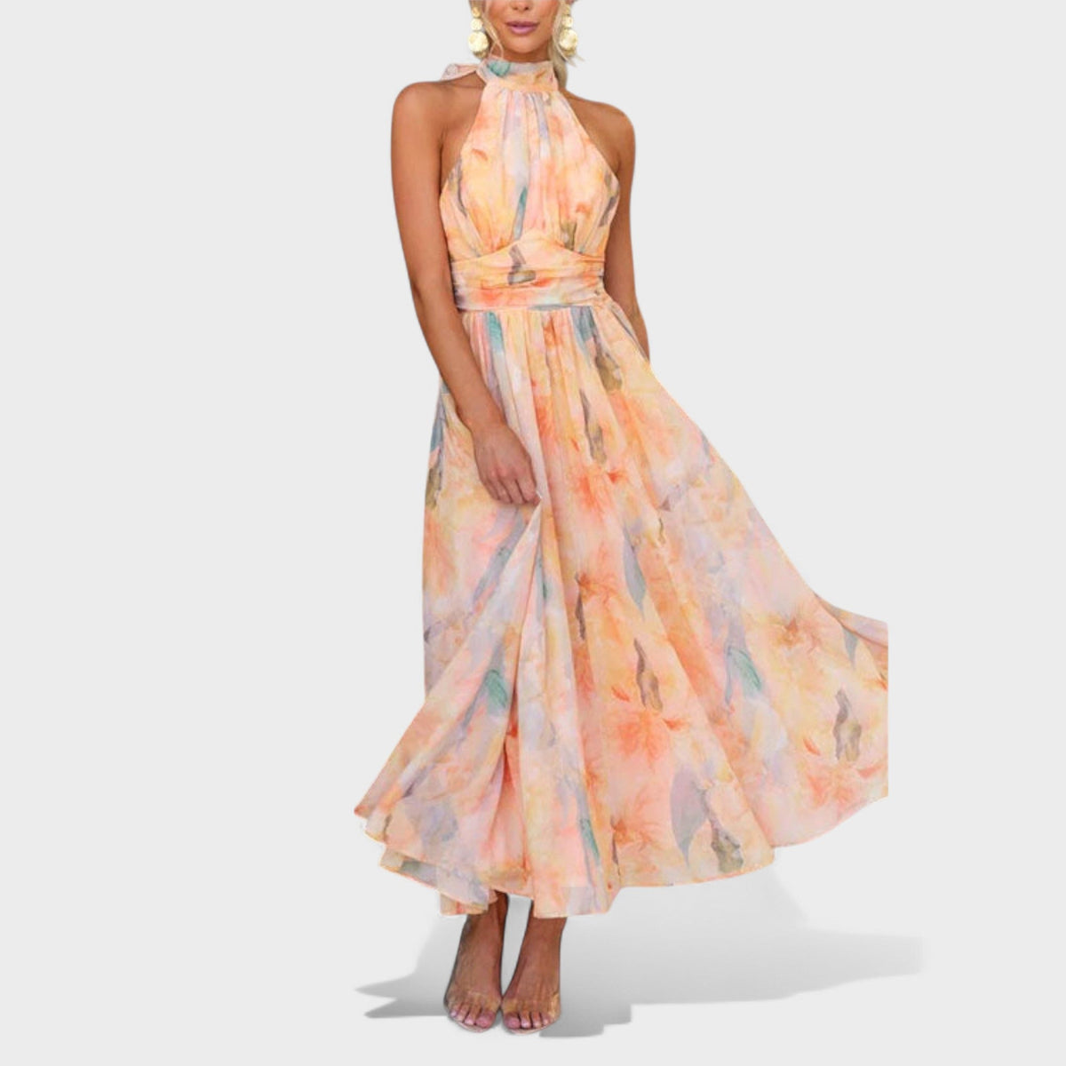 Abstract Print Halter Neck Cross Waist Maxi Dress