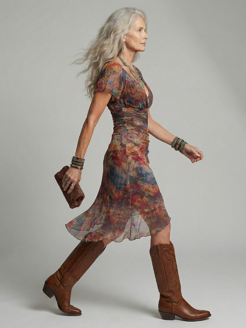 Floral Print V-Neck Flutter Sleeve Ruched High Split Midi Dress 2