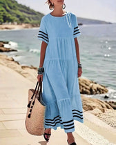 Striped Trim Short Sleeve Tiered Maxi Dress 4