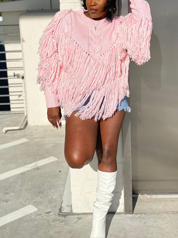 Crew Neck Long Sleeve Fringe Trim Cable Knit Sweater