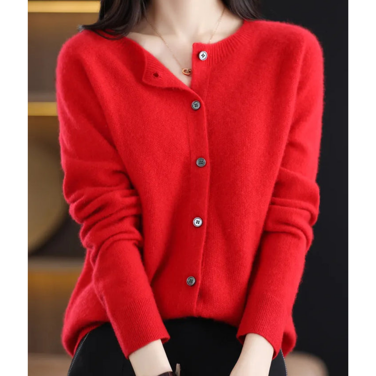 Round Neck Button Front Long Sleeve Knit Cardigan